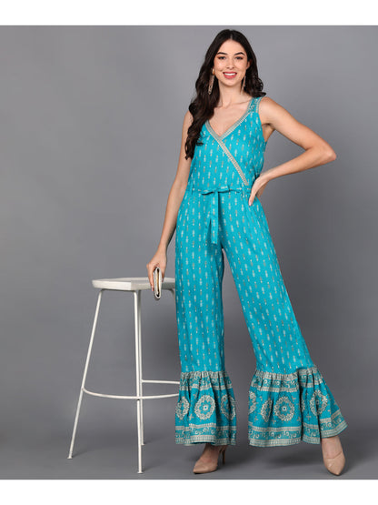 Rayon Printed Flared Jumpsuit (Turquoise Blue)
