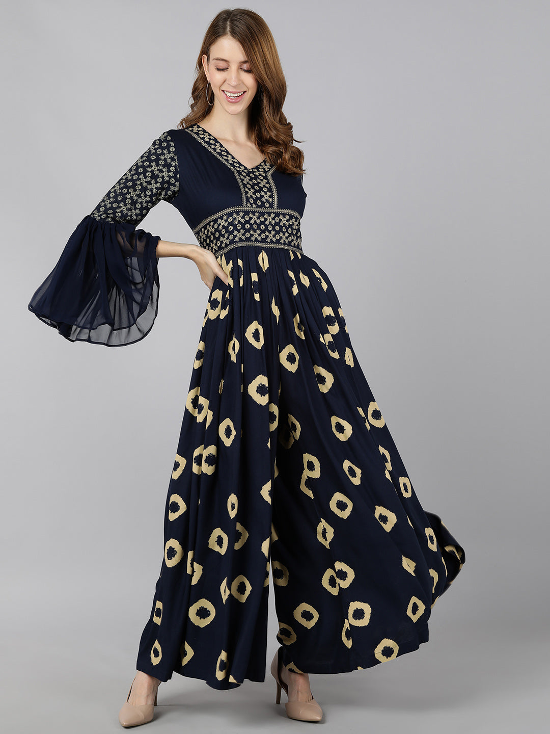 Rayon Printed Flared Jumpsuit (Navy Blue)