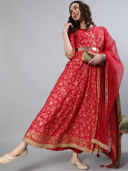 Women Rayon Round Neck 3/4 Sleeve Foil Printed Anarkali Organza Dupatta Kurta