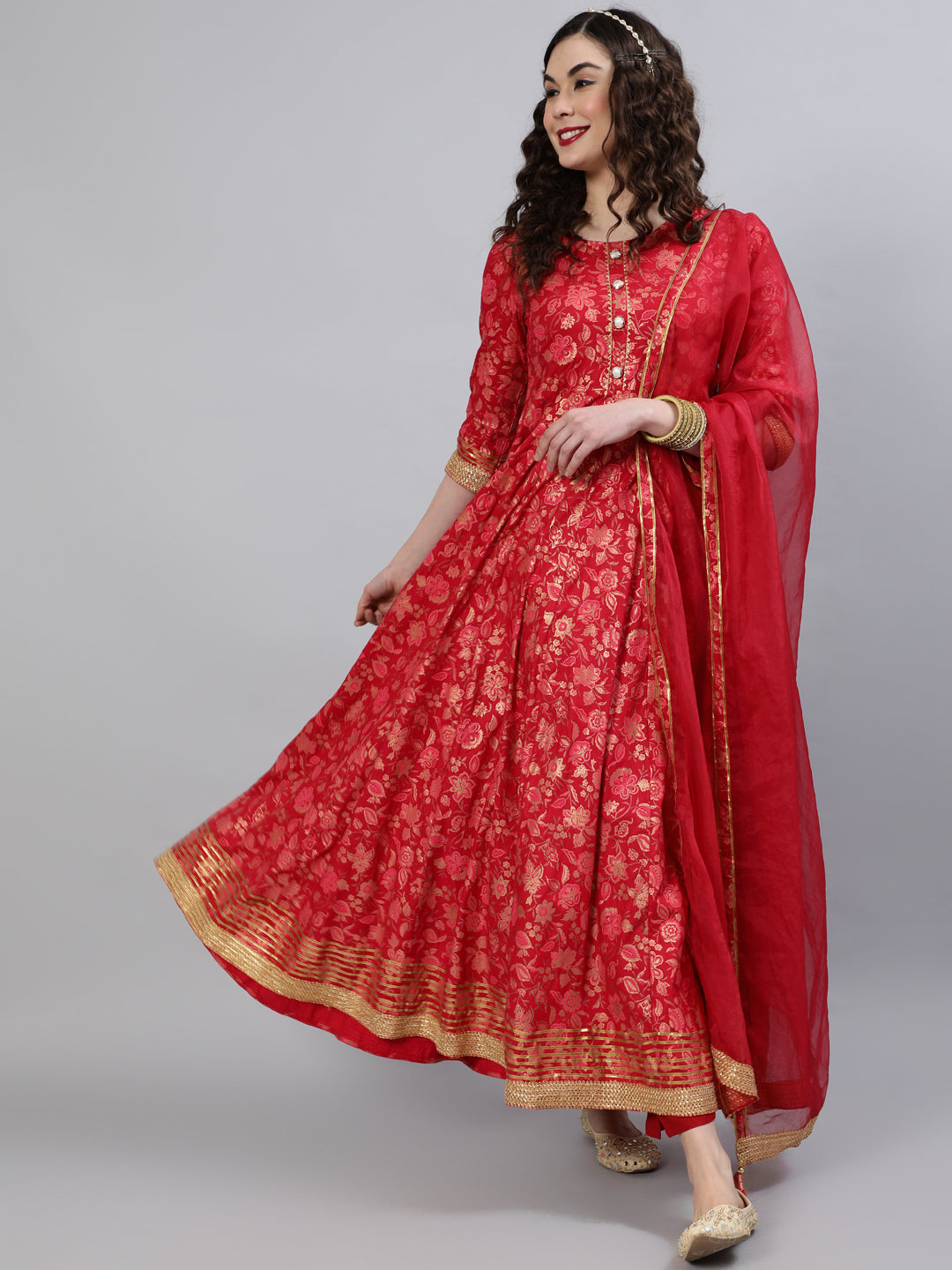 Women Rayon Round Neck 3/4 Sleeve Foil Printed Anarkali Organza Dupatta Kurta