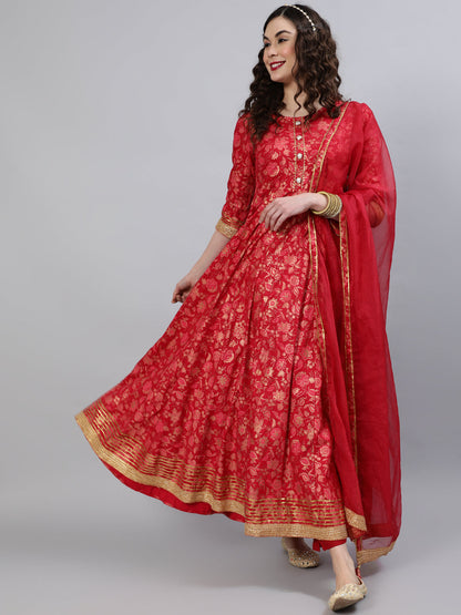Women Rayon Round Neck 3/4 Sleeve Foil Printed Anarkali Organza Dupatta Kurta
