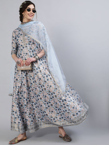 Women Rayon Round Neck 3/4 Sleeve Foil Printed Anarkali Organza Dupatta Kurta