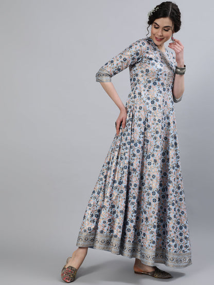 Women Rayon Round Neck 3/4 Sleeve Foil Printed Anarkali Organza Dupatta Kurta