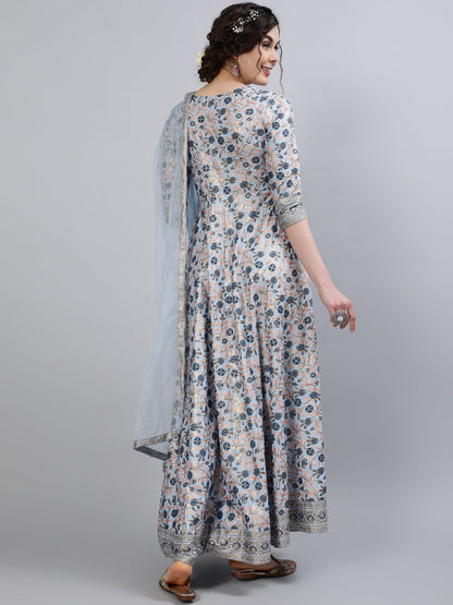 Women Rayon Round Neck 3/4 Sleeve Foil Printed Anarkali Organza Dupatta Kurta