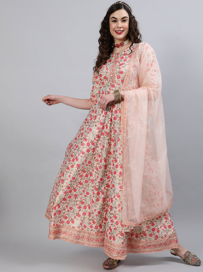 Women Rayon Round Neck 3/4 Sleeve Foil Printed Anarkali Organza Dupatta Kurta