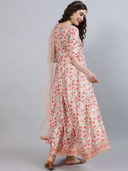 Women Rayon Round Neck 3/4 Sleeve Foil Printed Anarkali Organza Dupatta Kurta