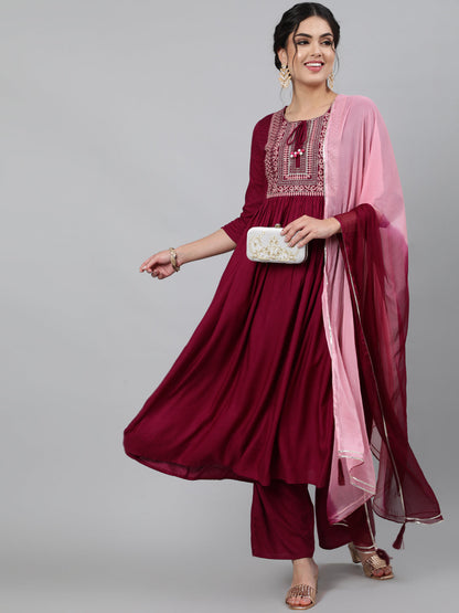 Women Rayon Round Neck 3/4 Sleeve Embroidered Flared Kurta, Palazzo & Chiffon Tie-Dye Dupatta Set