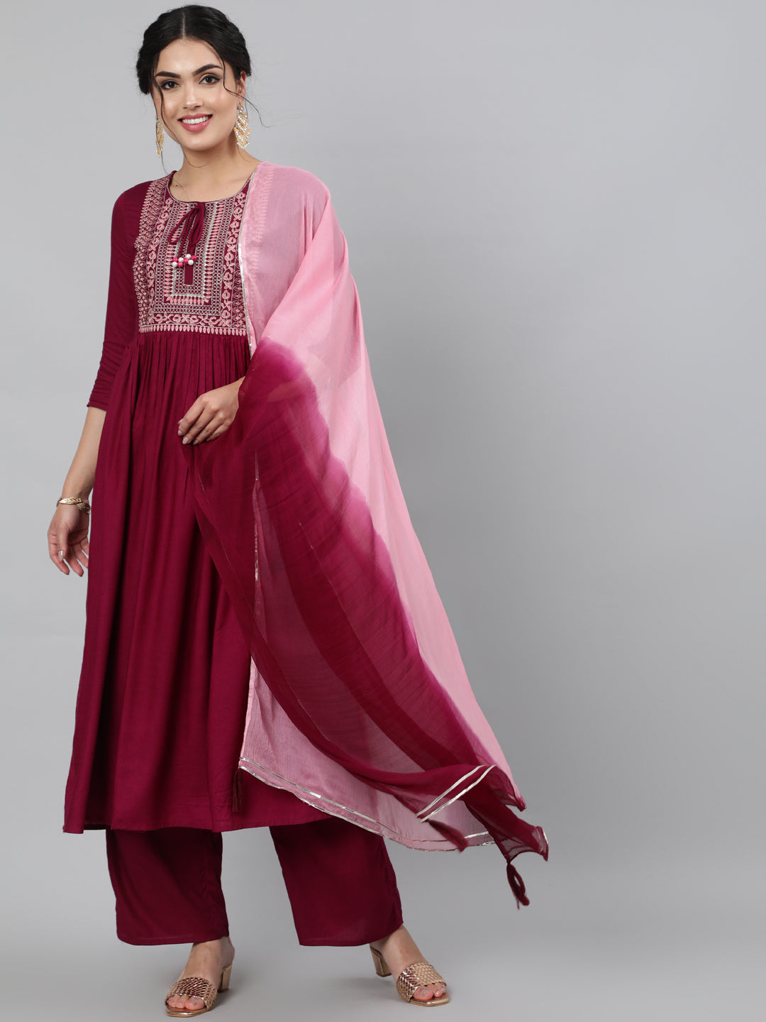 Women Rayon Round Neck 3/4 Sleeve Embroidered Flared Kurta, Palazzo & Chiffon Tie-Dye Dupatta Set