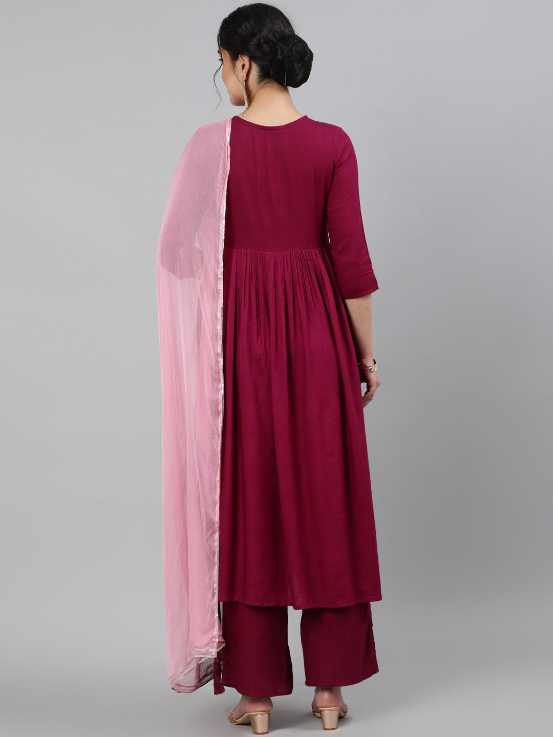 Women Rayon Round Neck 3/4 Sleeve Embroidered Flared Kurta, Palazzo & Chiffon Tie-Dye Dupatta Set