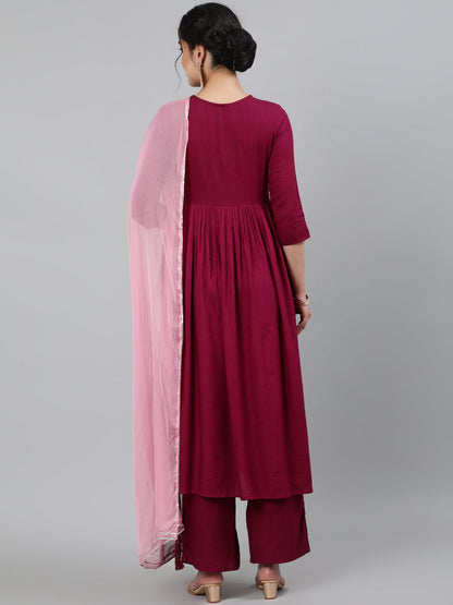 Women Rayon Round Neck 3/4 Sleeve Embroidered Flared Kurta, Palazzo & Chiffon Tie-Dye Dupatta Set