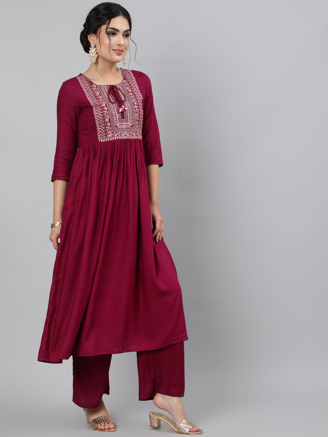 Women Rayon Round Neck 3/4 Sleeve Embroidered Flared Kurta, Palazzo & Chiffon Tie-Dye Dupatta Set