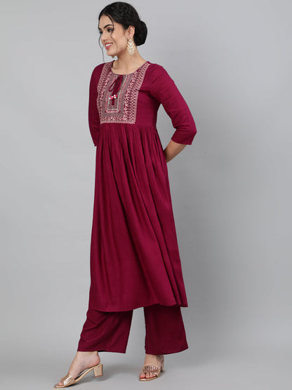Women Rayon Round Neck 3/4 Sleeve Embroidered Flared Kurta, Palazzo & Chiffon Tie-Dye Dupatta Set