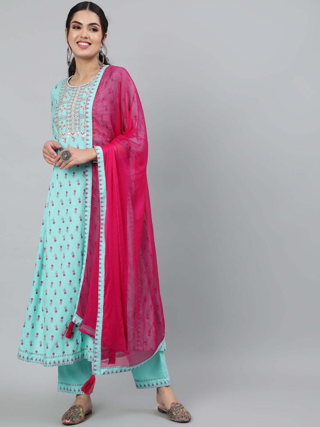Women Rayon Round Neck 3/4 Sleeve Embroidered A-Line Kurta, Pant & Chiffon Dupatta Set