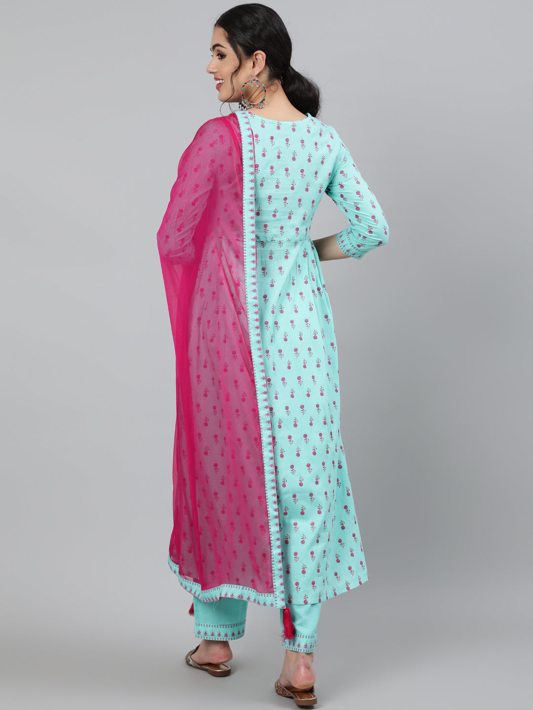 Women Rayon Round Neck 3/4 Sleeve Embroidered A-Line Kurta, Pant & Chiffon Dupatta Set
