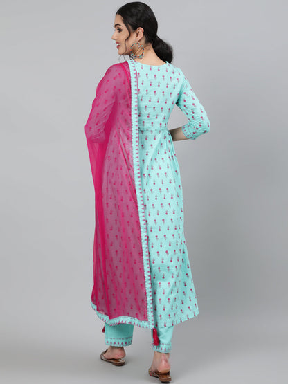 Women Rayon Round Neck 3/4 Sleeve Embroidered A-Line Kurta, Pant & Chiffon Dupatta Set