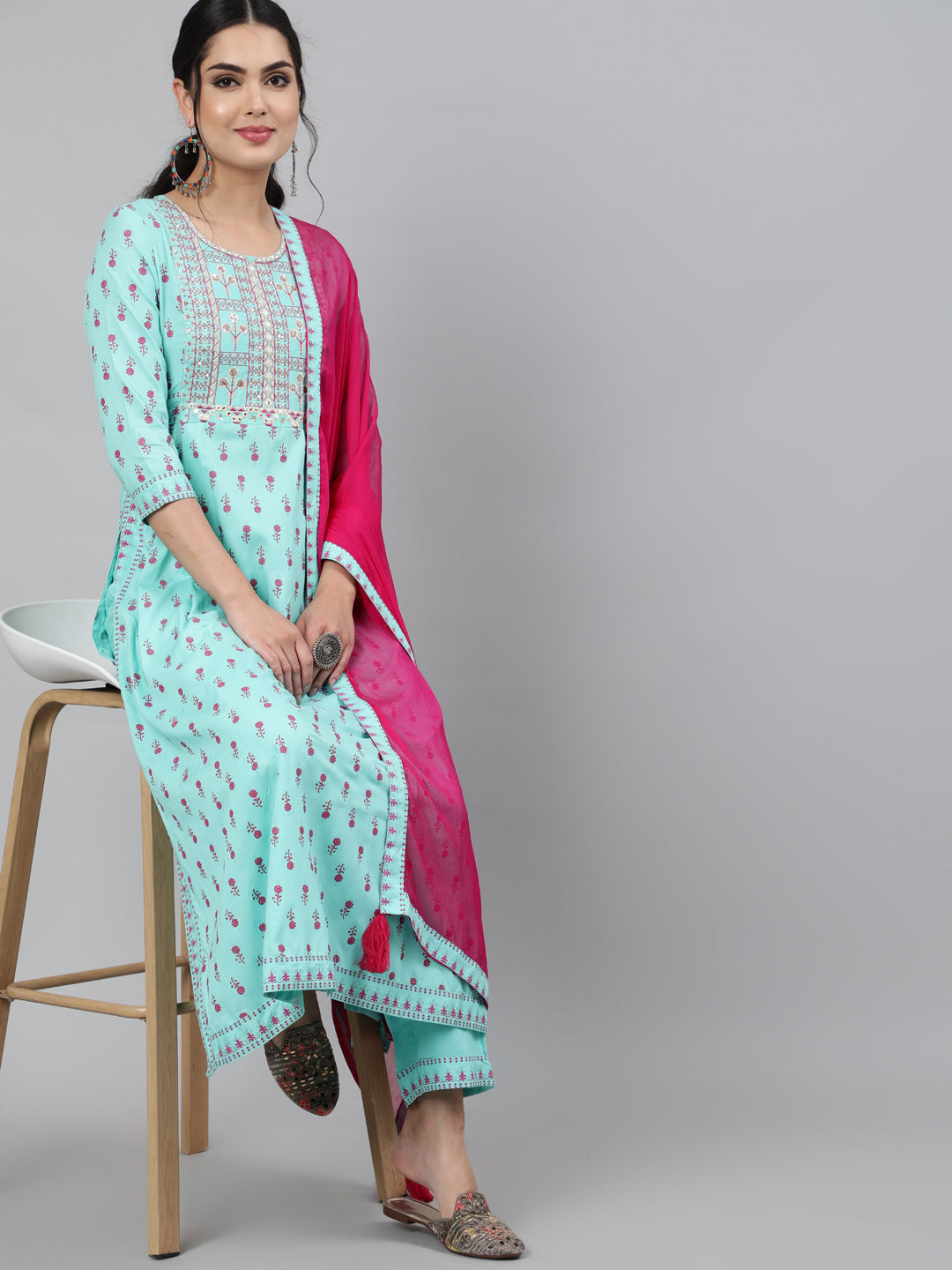 Women Rayon Round Neck 3/4 Sleeve Embroidered A-Line Kurta, Pant & Chiffon Dupatta Set