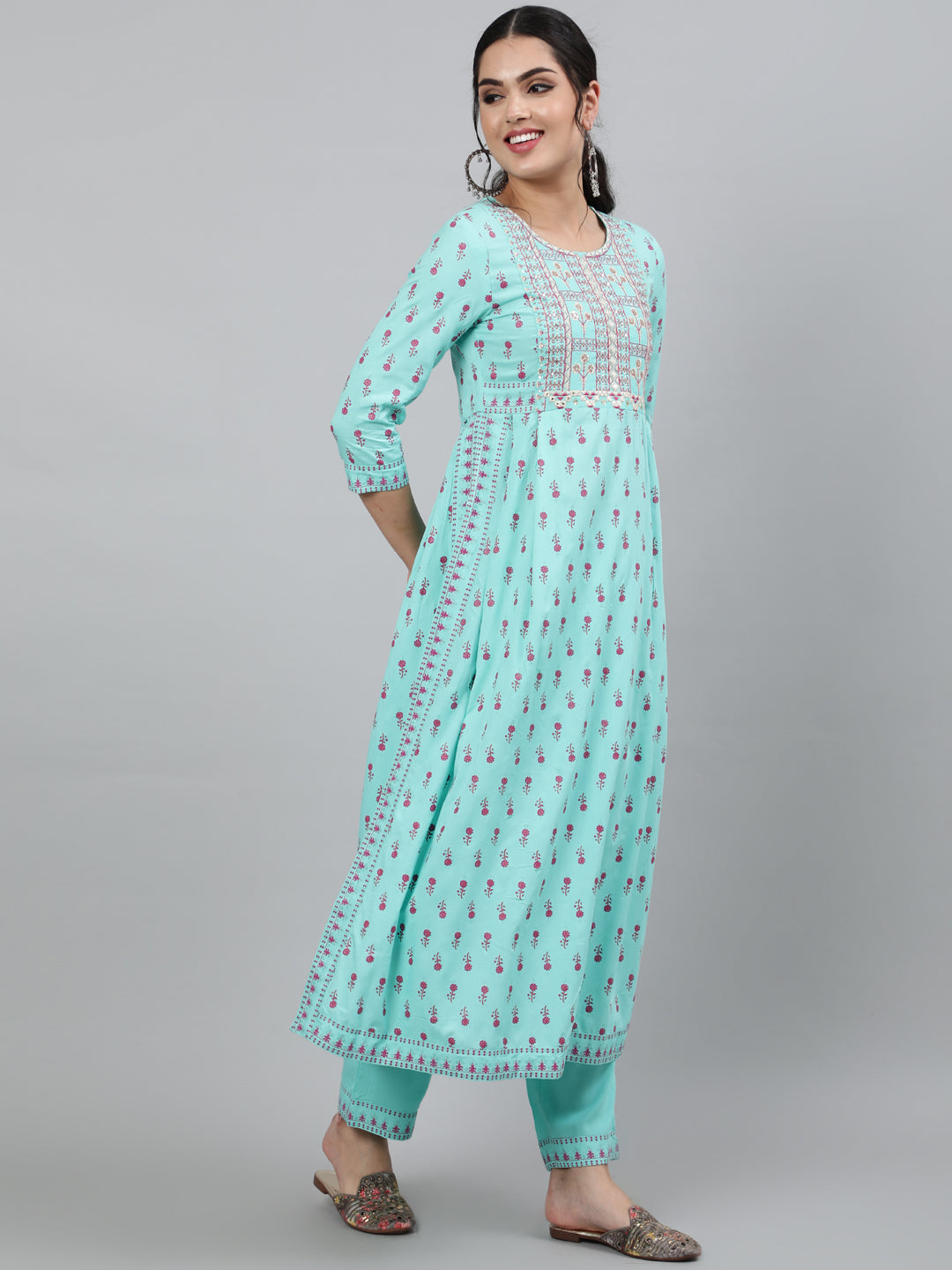 Women Rayon Round Neck 3/4 Sleeve Embroidered A-Line Kurta, Pant & Chiffon Dupatta Set