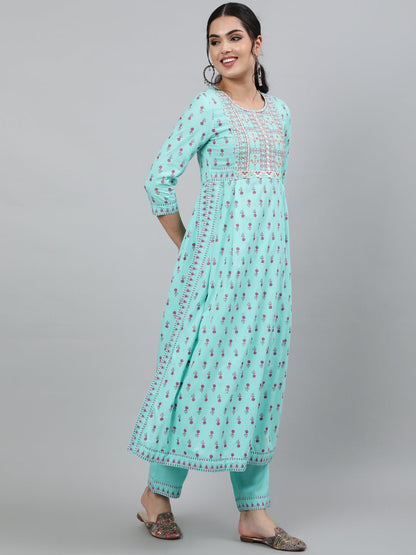 Women Rayon Round Neck 3/4 Sleeve Embroidered A-Line Kurta, Pant & Chiffon Dupatta Set