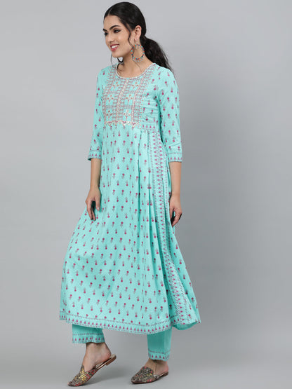 Women Rayon Round Neck 3/4 Sleeve Embroidered A-Line Kurta, Pant & Chiffon Dupatta Set