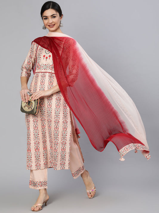 Rayon Slub Calf Length Printed Straight 3/4 Sleeve Round Neck Kurta Set