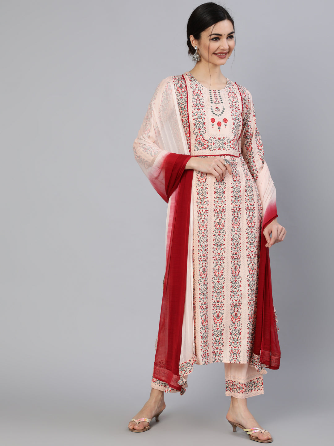 Rayon Slub Calf Length Printed Straight 3/4 Sleeve Round Neck Kurta Set