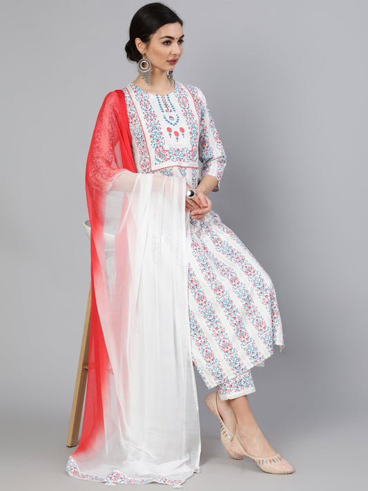 Rayon Slub Calf Length Printed Straight 3/4 Sleeve Round Neck Kurta Set