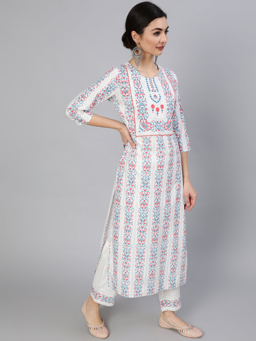 Rayon Slub Calf Length Printed Straight 3/4 Sleeve Round Neck Kurta Set