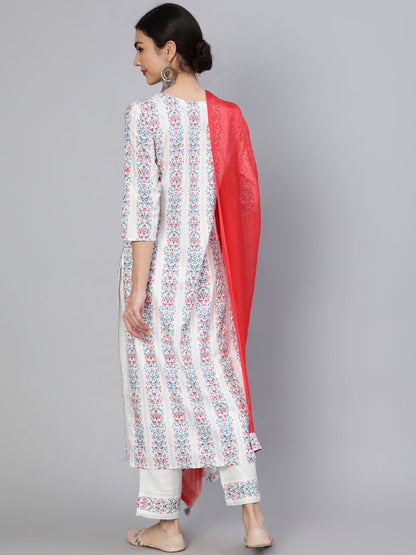 Rayon Slub Calf Length Printed Straight 3/4 Sleeve Round Neck Kurta Set