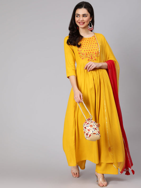 Rayon Slub Calf Length Embroidered Flared 3/4 Sleeve Round Neck Kurta Set