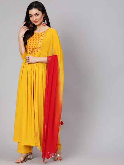 Rayon Slub Calf Length Embroidered Flared 3/4 Sleeve Round Neck Kurta Set