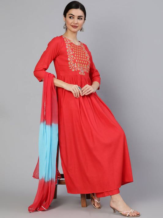 Rayon Slub Calf Length Embroidered Flared 3/4 Sleeve Round Neck Kurta Set