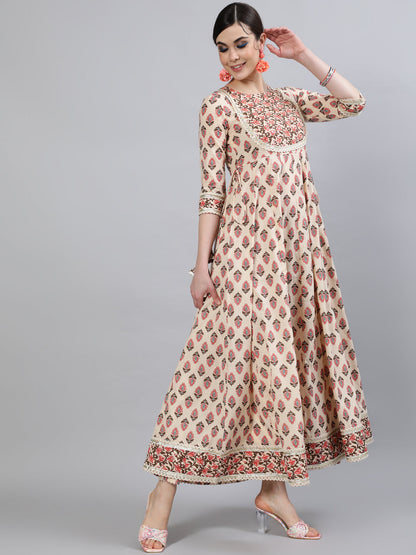 Women Cotton Round Neck 3/4 Sleeve Printed Anarkali Kurta