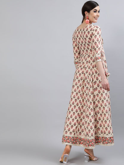 Women Cotton Round Neck 3/4 Sleeve Printed Anarkali Kurta