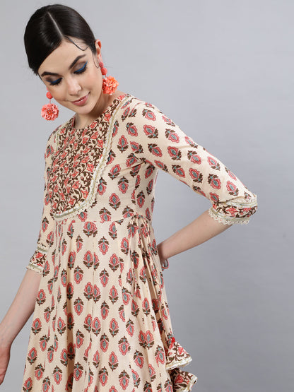 Women Cotton Round Neck 3/4 Sleeve Printed Anarkali Kurta