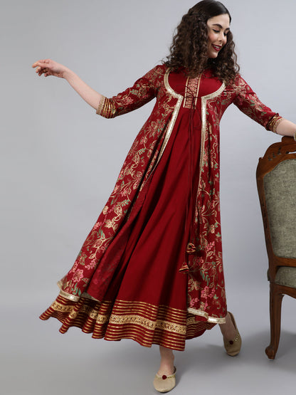 Women Rayon Round Neck 3/4 Sleeve Printed Flared Kurta Indo Western