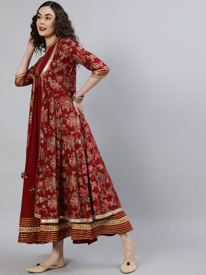 Women Rayon Round Neck 3/4 Sleeve Printed Flared Kurta Indo Western