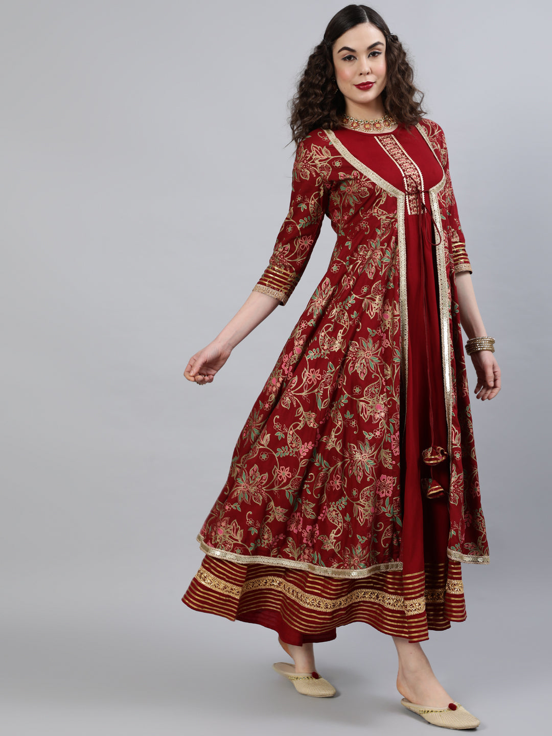 Women Rayon Round Neck 3/4 Sleeve Printed Flared Kurta Indo Western