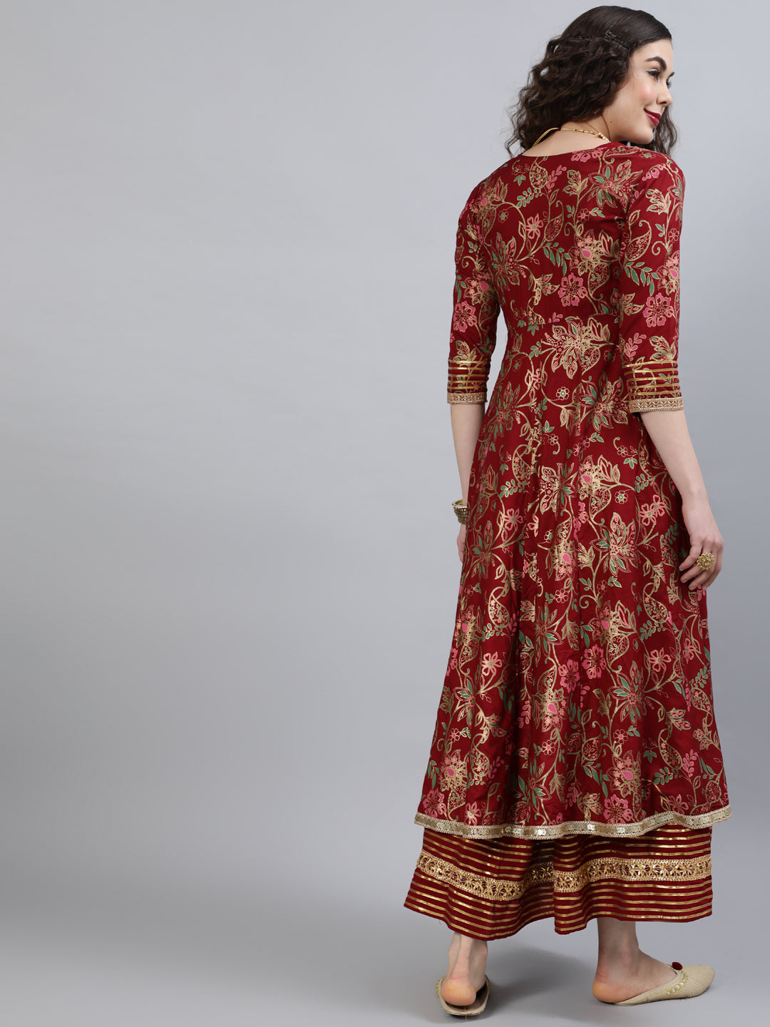 Women Rayon Round Neck 3/4 Sleeve Printed Flared Kurta Indo Western