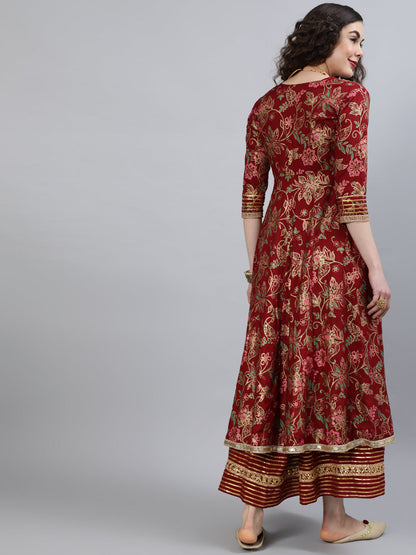 Women Rayon Round Neck 3/4 Sleeve Printed Flared Kurta Indo Western