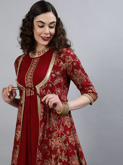 Women Rayon Round Neck 3/4 Sleeve Printed Flared Kurta Indo Western