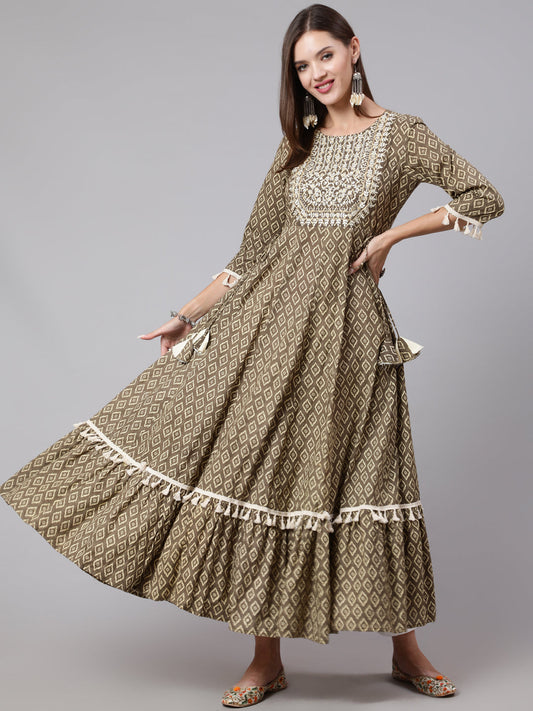 Cotton Ankle Length Printed Tiered 3/4 Sleeve Round Neck Kurta