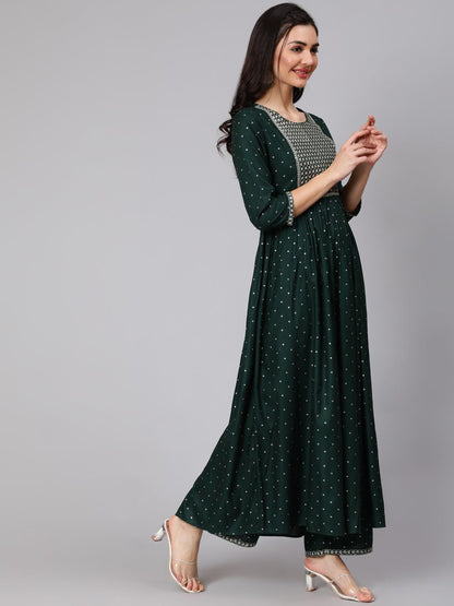 Rayon Slub Calf Length Sequence Flared 3/4 Sleeve Round Neck Kurta Set With Dupatta