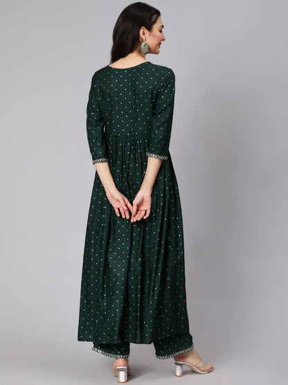 Rayon Slub Calf Length Sequence Flared 3/4 Sleeve Round Neck Kurta Set With Dupatta