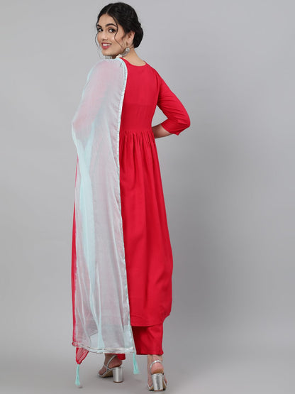 Rayon Round Neck 3/4 Sleeve Embroidered Flared Kurta, Palazzo & Chiffon Tie-Dye Dupatta Set
