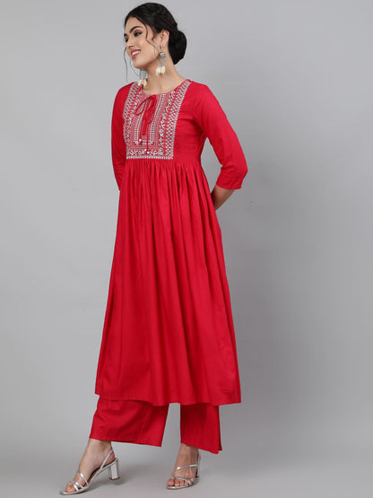 Rayon Round Neck 3/4 Sleeve Embroidered Flared Kurta, Palazzo & Chiffon Tie-Dye Dupatta Set