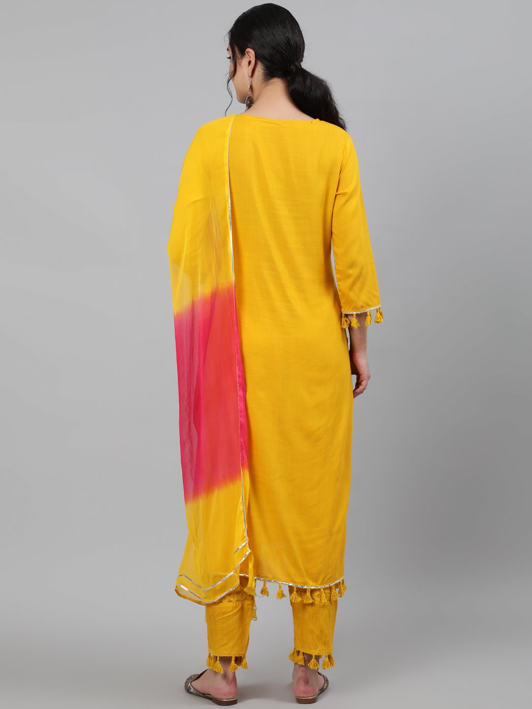 Rayon Slub Round Neck 3/4 Sleeve Embroidered Straight Kurta, Pant & Chiffon Tie-Dye Dupatta Set