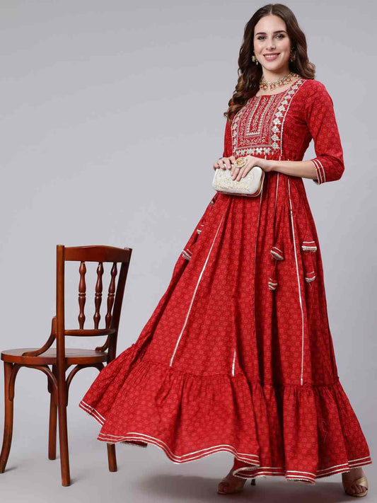 Cotton Round Neck 3/4 Sleeve Embroidered Flared Kurta