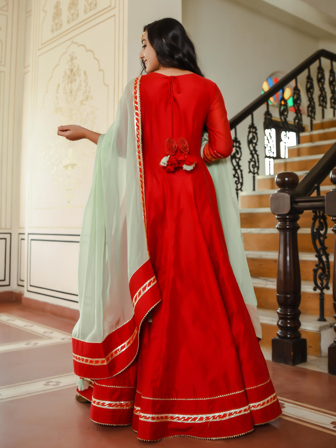 Crimson Red Chanderi Gown With Pista Green Dupatta