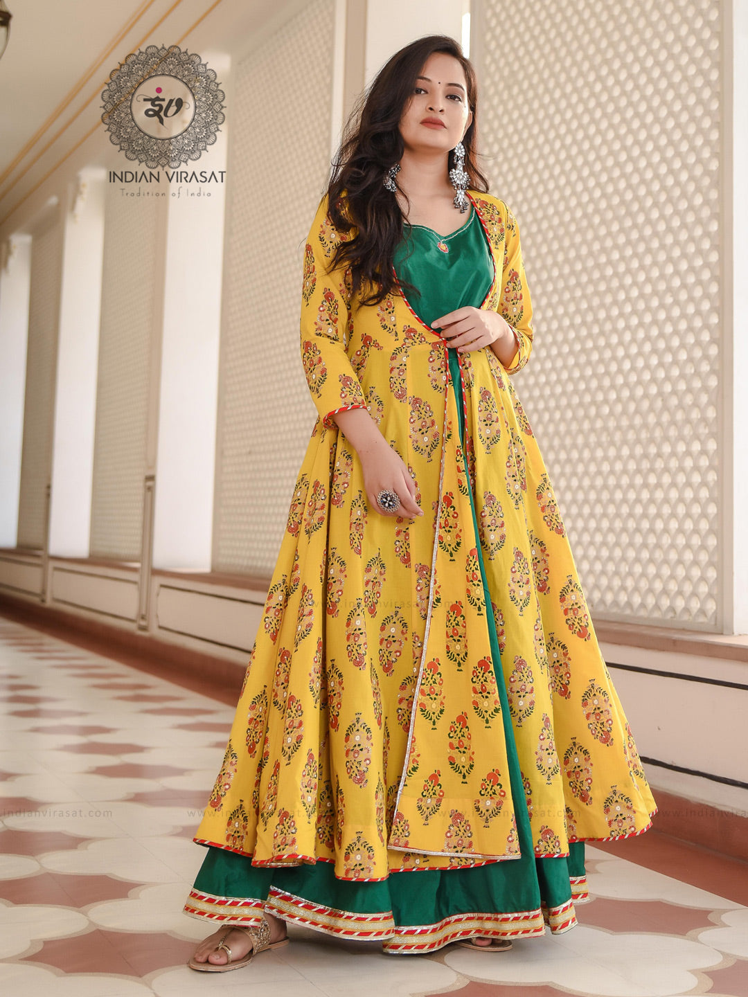 Marigold Yellow Floral Boota Cape With Embroidered Inner