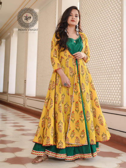 Marigold Yellow Floral Boota Cape With Embroidered Inner